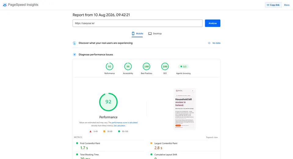 Lighthouse mobile performance evidence